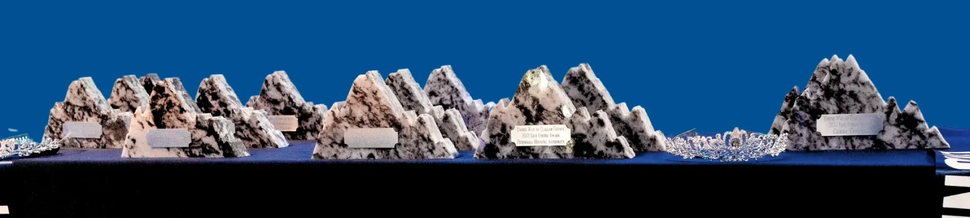 A row of mountain shaped awards on a table top