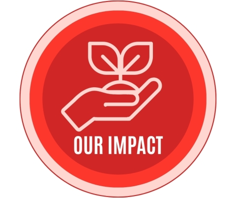 red circle with an icon of a hand holding a sprouting plant and the words our impact