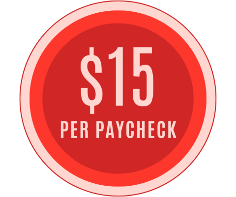 Red circle reading $15 per paycheck