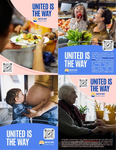4 posters showing people being given food and medical care