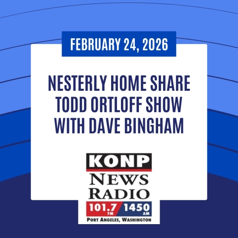 blue square with arched lines reading nesterly home share todd ortloff show with dave bingham