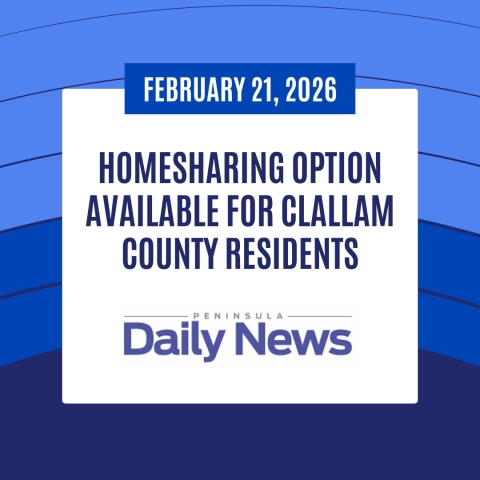 blue square with arched blue lines reading homesharing option available for clallam county residents