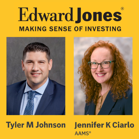 Yellow square with two headshots and the edward jones logo